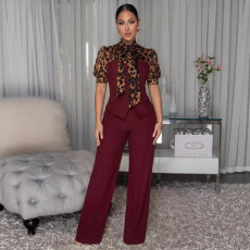 Elegant and personalized leopard print patchwork bubble short sleeved lace up jumpsuit