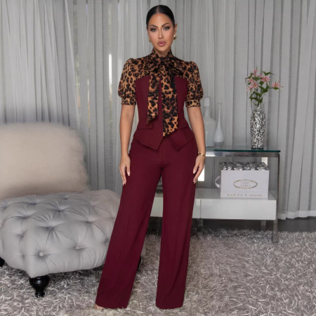 Elegant and personalized leopard print patchwork bubble short sleeved lace up jumpsuit