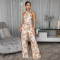 Hanging neck sleeveless top with printed waistband jumpsuit