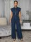 Spliced sleeveless zipper round neck slim fit denim jumpsuit