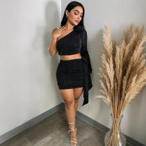 Women's slanted shoulder flower rhinestone high waisted top paired with short skirt set