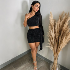 Women's slanted shoulder flower rhinestone high waisted top paired with short skirt set