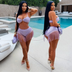 Fashionable women's sexy neck hanging and strapless outfit with tassel shorts set