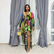 Women's Ear Ear Edge Round Neck Strap Printed Long Sleeve Dress
