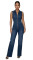 Spliced sleeveless zipper lapel slim fit denim jumpsuit