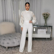 Personalized line lace patchwork long sleeved casual wide leg jumpsuit
