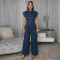 Spliced sleeveless zipper round neck slim fit denim jumpsuit
