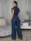 Spliced sleeveless zipper round neck slim fit denim jumpsuit