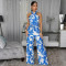 Hanging neck sleeveless top with printed waistband jumpsuit