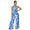 Hanging neck sleeveless top with printed waistband jumpsuit