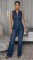 Spliced sleeveless zipper lapel slim fit denim jumpsuit