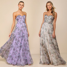 Women's strapless fishbone floral pleated long evening gown with fairy like chiffon long skirt