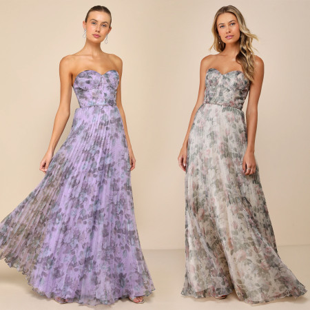 Women's strapless fishbone floral pleated long evening gown with fairy like chiffon long skirt