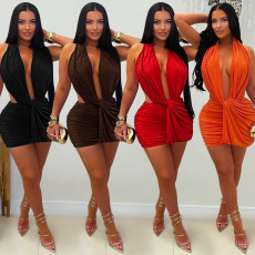 Women's sexy deep V-neck bag hip short skirt nightclub spicy girl solid color dress