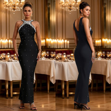 New women's light luxury nail bead socialite dinner fish tail dress