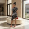 Slanted shoulder short sleeved irregular dress, fashionable digital print, summer casual style