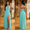 Women's deep V-neck pleated high slit long dress dinner party dress