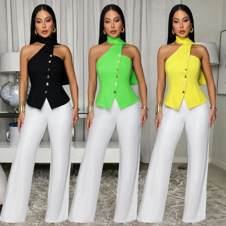 Women's clothing European and American summer commuting neck hanging slim fit top wide leg pants two-piece set new