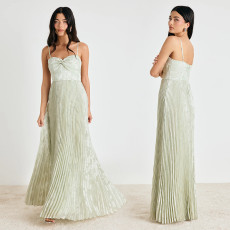 New women's fresh light green pleated jacquard camisole pleated long dress dress