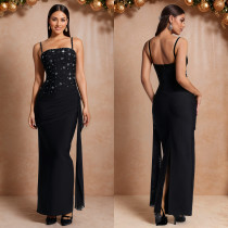 New women's rhinestone camisole evening gown, ribbon banquet host, hip hugging dress