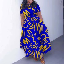 Loose print plus size strap, medium to long length swing dress, women's clothing