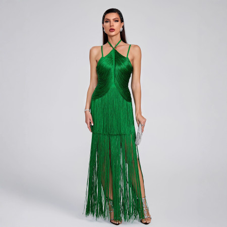 Hot selling new halter top long dress with tassel at the hem sexy evening party dress