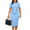 Summer temperament Tongle round neck short sleeved flower mid length pencil dress with hip wrap