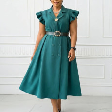 Summer new style OL suit collar mid length double breasted dress