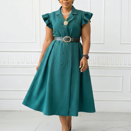 Summer new style OL suit collar mid length double breasted dress