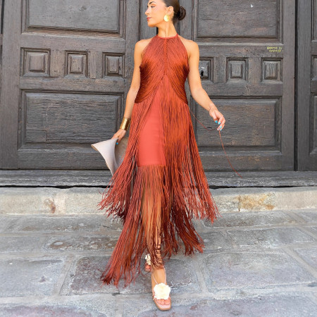 European and American cross-border party party temperament, neck hanging tassel long dress, formal dress