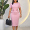Summer temperament Tongle round neck short sleeved flower mid length pencil dress with hip wrap