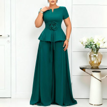 Summer temperament elegant and fashionable plus size short sleeved ruffled top casual wide leg pants set