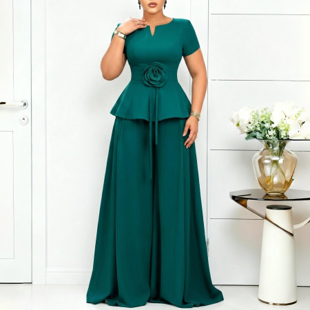 Summer temperament elegant and fashionable plus size short sleeved ruffled top casual wide leg pants set