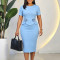 Summer temperament Tongle round neck short sleeved flower mid length pencil dress with hip wrap