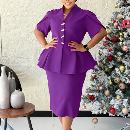 Fashionable and elegant ruffled V-neck slim fit hip hugging short sleeved plus size African dress