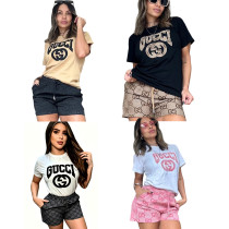 Summer new embroidered printed short sleeved shorts set in 4 colors in stock