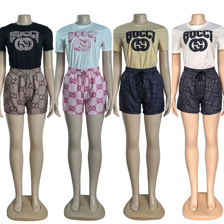 Summer new embroidered printed short sleeved shorts set in 4 colors in stock