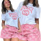 Summer new embroidered printed short sleeved shorts set in 4 colors in stock