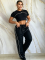 Fashion crop exposed short sleeved top, high waist wide leg pants, casual sports loose suit