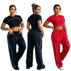 Fashion crop exposed short sleeved top, high waist wide leg pants, casual sports loose suit