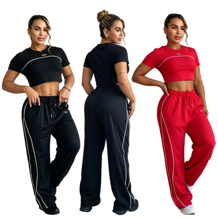 Fashion crop exposed short sleeved top, high waist wide leg pants, casual sports loose suit