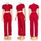 Fashion crop exposed short sleeved top, high waist wide leg pants, casual sports loose suit