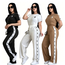Trendy round neck embroidered casual comfortable short sleeved pants wide leg set