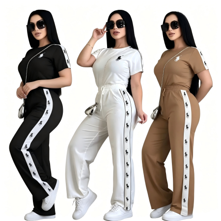 Trendy round neck embroidered casual comfortable short sleeved pants wide leg set