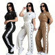 Trendy round neck embroidered casual comfortable short sleeved pants wide leg set
