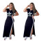 Round neck short sleeved slit long skirt with elastic slimming effect, slimming effect, hip hugging long dress
