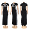 Round neck short sleeved slit long skirt with elastic slimming effect, slimming effect, hip hugging long dress