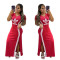 Round neck short sleeved slit long skirt with elastic slimming effect, slimming effect, hip hugging long dress