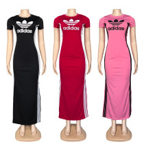 Round neck short sleeved slit long skirt with elastic slimming effect, slimming effect, hip hugging long dress