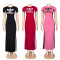 Round neck short sleeved slit long skirt with elastic slimming effect, slimming effect, hip hugging long dress